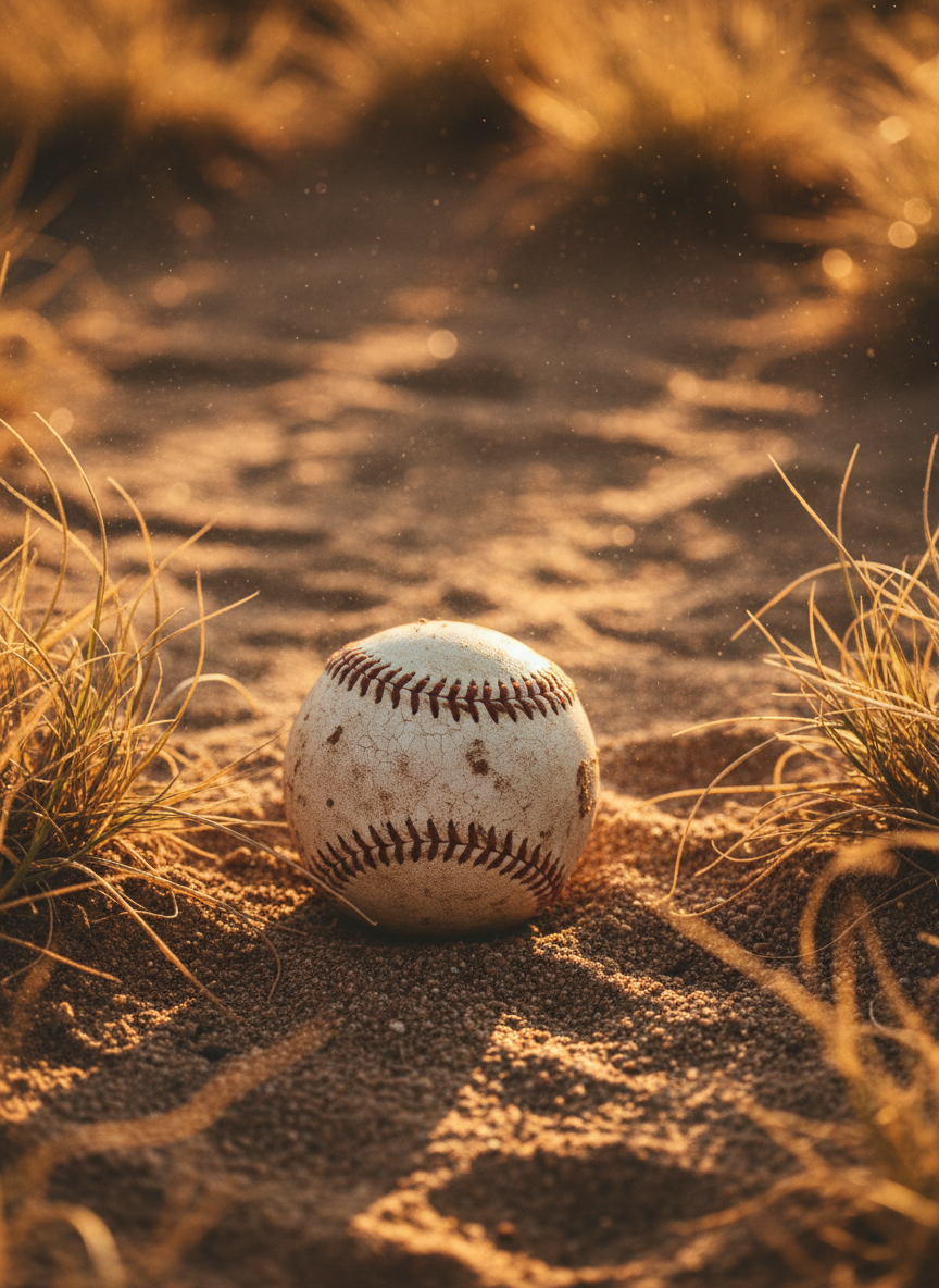 A worn baseball resting in red dirt at golden hour on a small-town sandlot