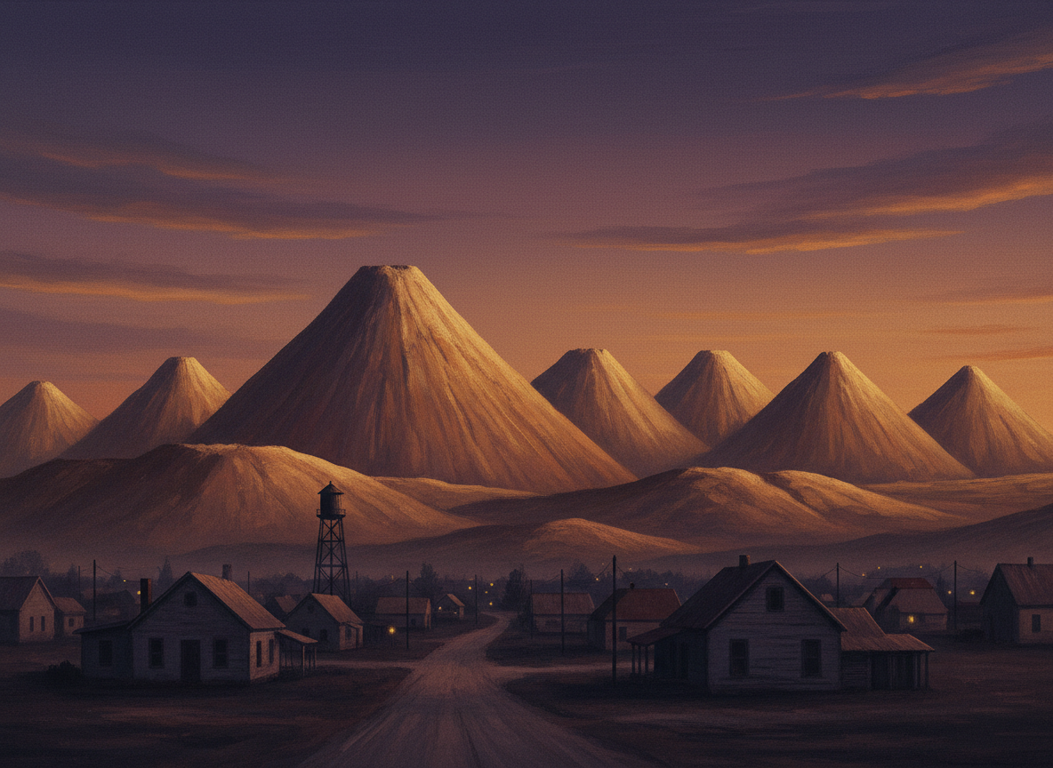 Seven towering mining hills looming over a small Oklahoma town at dusk in warm amber light
