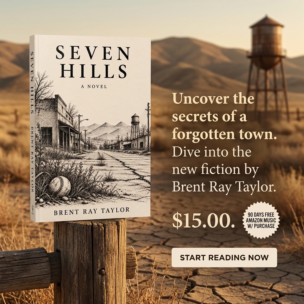 Advertisement for the novel Seven Hills by Brent Ray Taylor, showing the book cover with the tagline Uncover the secrets of a forgotten town, priced at $15.00, with a Start Reading Now call to action